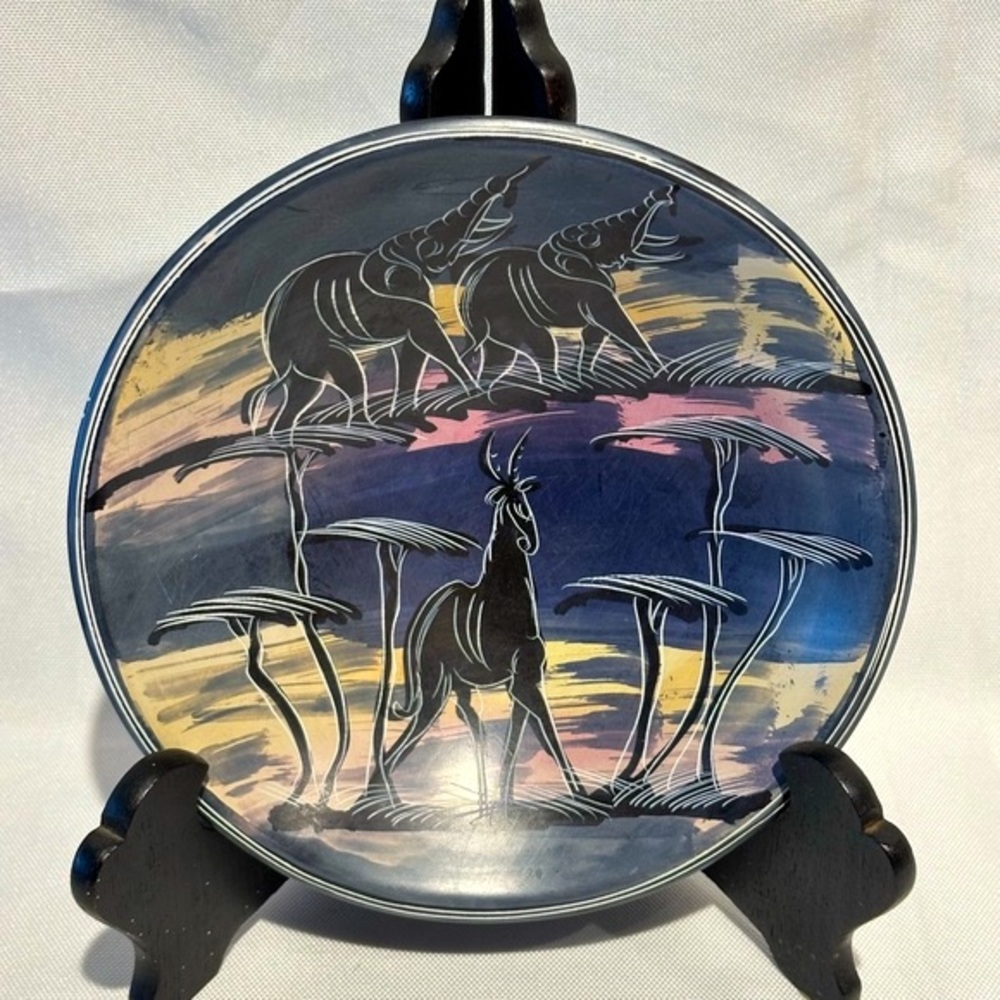 African Hand Carved Soapstone Bowl African Sunset Sunrise Elephants Animals